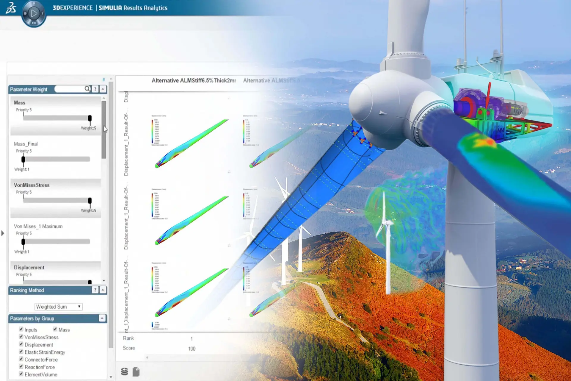 SIMULIA Results Analytics ranking wind turbine blade designs by stress and displacement, over a hillside wind farm