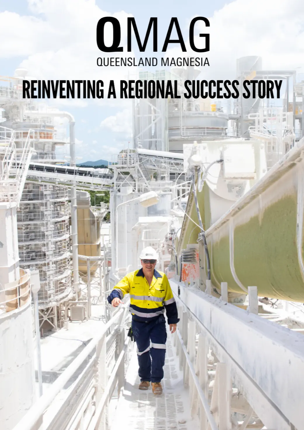 QMAG, Queensland Magnesia: Reinventing a Regional Success Story, a worker in hi-vis walking through the processing plant